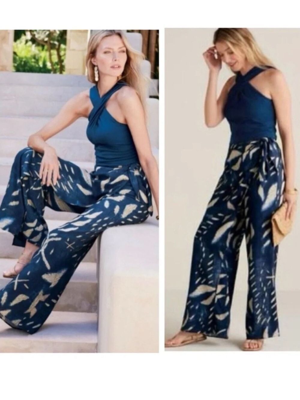 Soft Surroundings Velora Navy Leaf Print Wide Leg Palazzo Pants 10